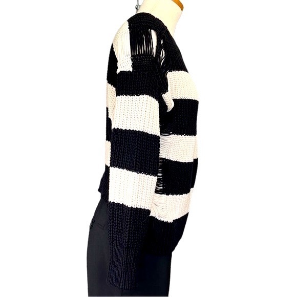 Sandro Stripe Distressed Knit Sweater, Black & Cream,  size EU 2/Med, US 4-6 - Picture 10 of 16